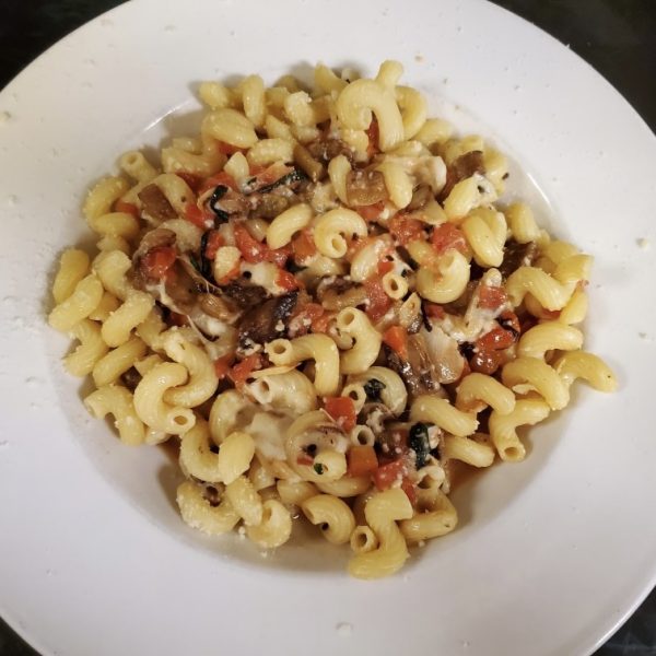 diced and roasted eggplant, bruschetta, garlic, and oil tossed with corkscrew pasta and romano